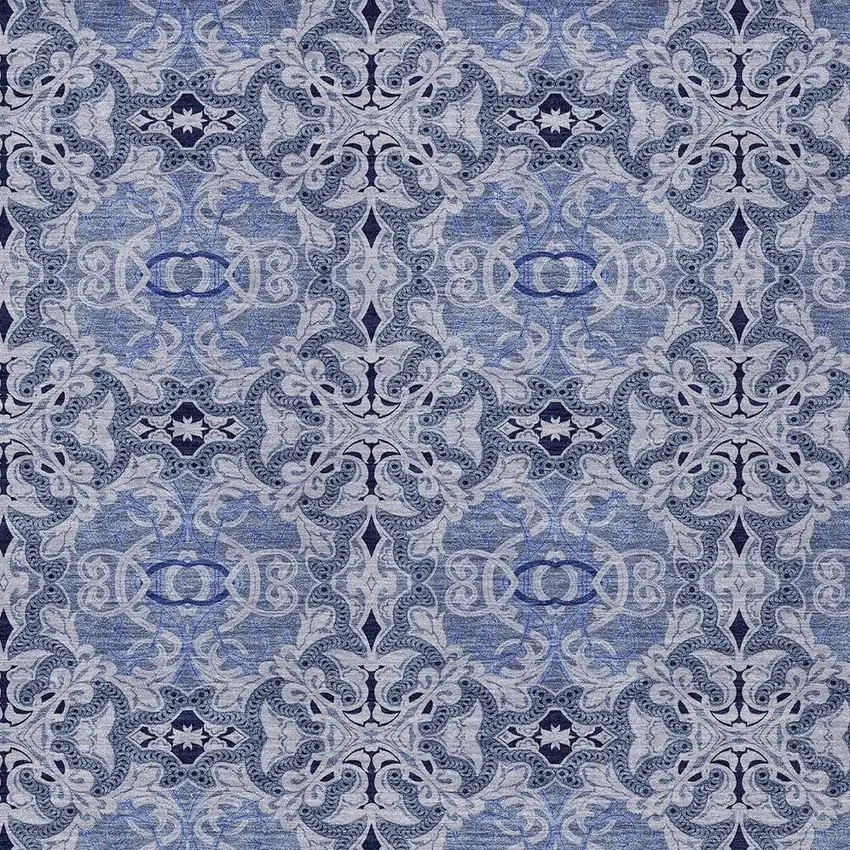 Navy Blue And Sky Blue Medallion Washable Indoor Outdoor Area Rug Photo 6