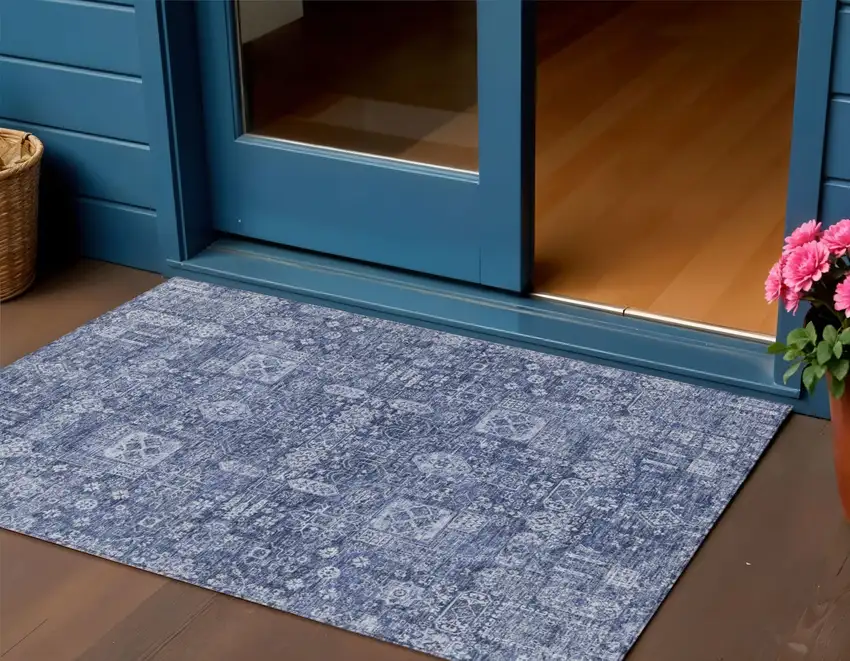 Navy Blue And Sky Blue Oriental Washable Indoor Outdoor Area Rug Photo 1