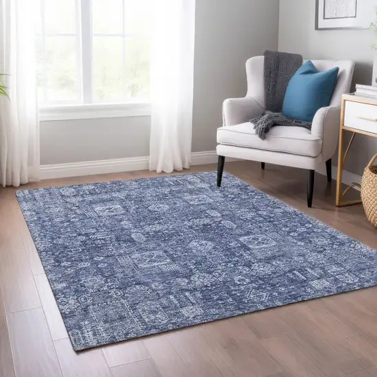 Navy Blue And Sky Blue Oriental Washable Indoor Outdoor Area Rug Photo 8