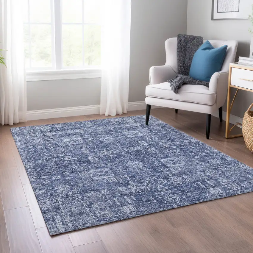 Navy Blue And Sky Blue Oriental Washable Indoor Outdoor Area Rug Photo 8
