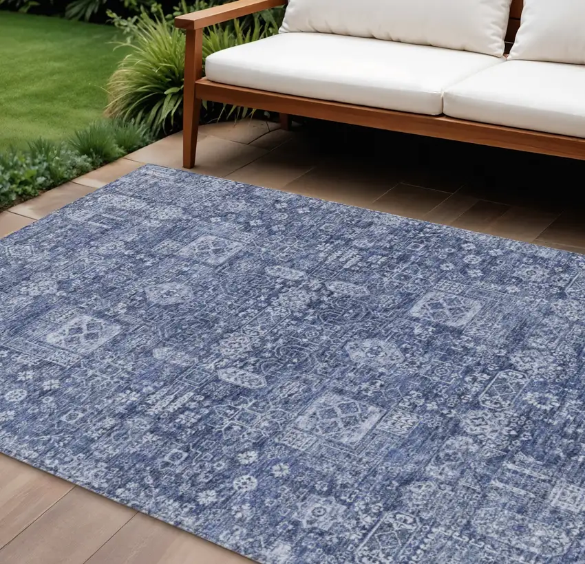 Navy Blue And Sky Blue Oriental Washable Indoor Outdoor Area Rug Photo 1