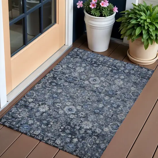 Navy Blue And Sky Blue Oriental Washable Indoor Outdoor Area Rug Photo 1