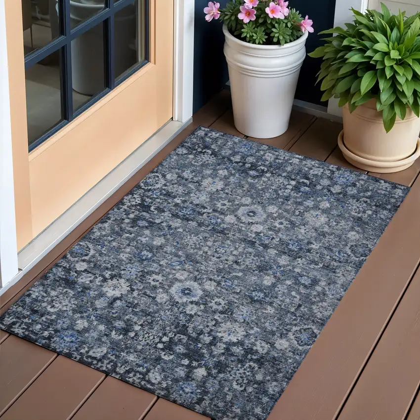 Navy Blue And Sky Blue Oriental Washable Indoor Outdoor Area Rug Photo 1