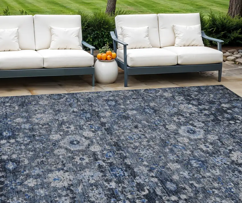 Navy Blue And Sky Blue Oriental Washable Indoor Outdoor Area Rug Photo 1