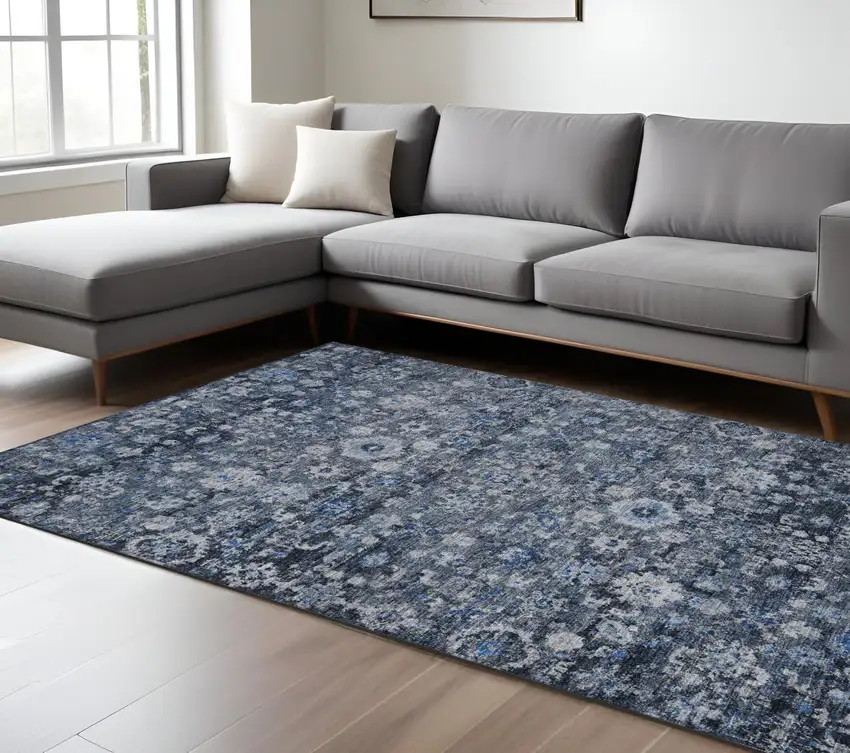 Navy Blue And Sky Blue Oriental Washable Indoor Outdoor Area Rug Photo 2