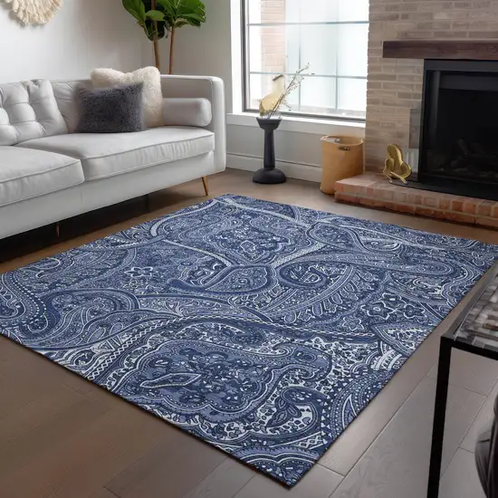 Navy Blue And Sky Blue Paisley Washable Indoor Outdoor Area Rug Photo 9