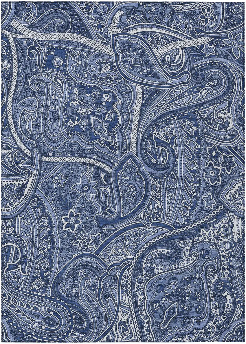 Navy Blue And Sky Blue Paisley Washable Indoor Outdoor Area Rug Photo 2