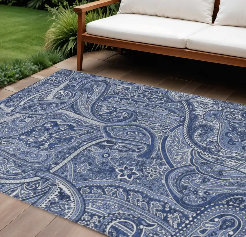 Navy Blue And Sky Blue Paisley Washable Indoor Outdoor Area Rug Photo 1