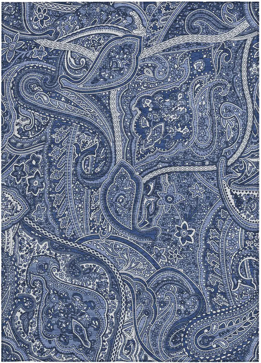 Navy Blue And Sky Blue Paisley Washable Indoor Outdoor Area Rug Photo 4