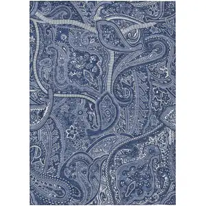 Photo of Navy Blue And Sky Blue Paisley Washable Indoor Outdoor Area Rug