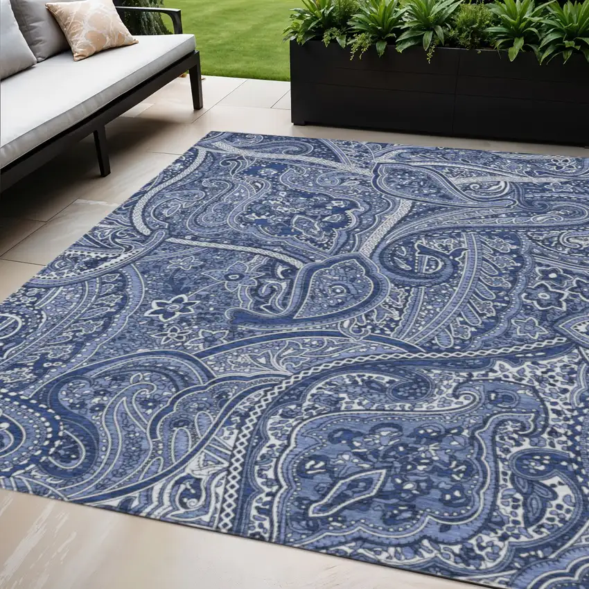 Navy Blue And Sky Blue Paisley Washable Indoor Outdoor Area Rug Photo 1