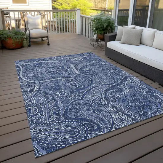 Navy Blue And Sky Blue Paisley Washable Indoor Outdoor Area Rug Photo 7