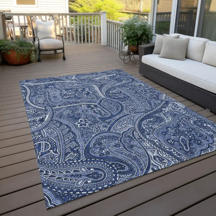 Navy Blue And Sky Blue Paisley Washable Indoor Outdoor Area Rug Photo 9
