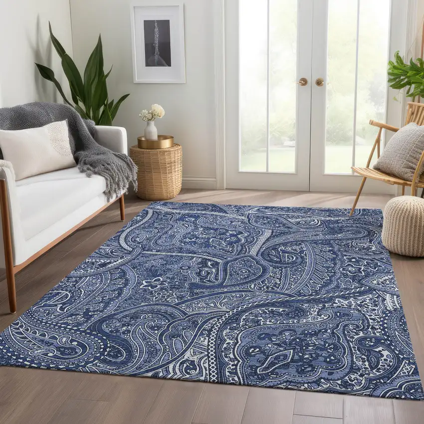 Navy Blue And Sky Blue Paisley Washable Indoor Outdoor Area Rug Photo 7