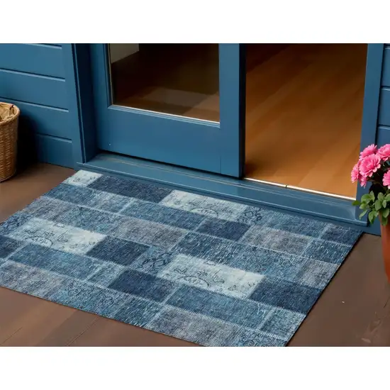 Navy Blue And Sky Blue Patchwork Washable Indoor Outdoor Area Rug Photo 1