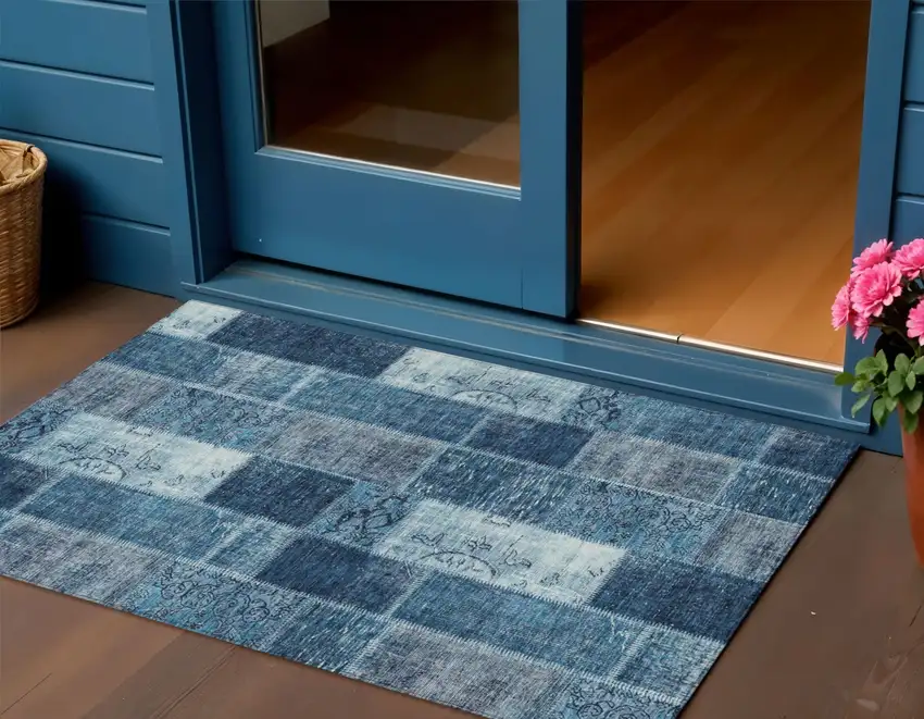 Navy Blue And Sky Blue Patchwork Washable Indoor Outdoor Area Rug Photo 1