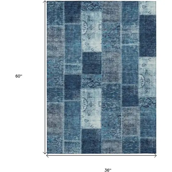 Navy Blue And Sky Blue Patchwork Washable Indoor Outdoor Area Rug Photo 3