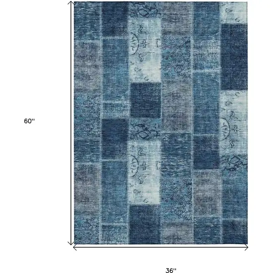 Navy Blue And Sky Blue Patchwork Washable Indoor Outdoor Area Rug Photo 3