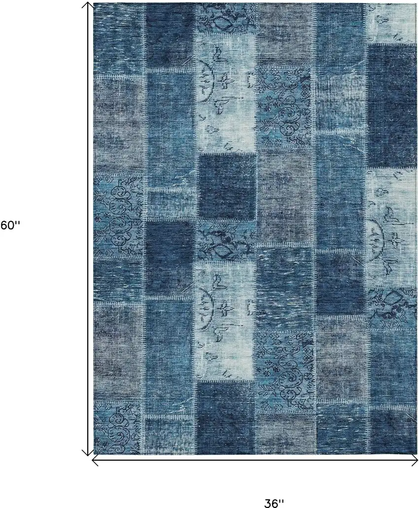 Navy Blue And Sky Blue Patchwork Washable Indoor Outdoor Area Rug Photo 3