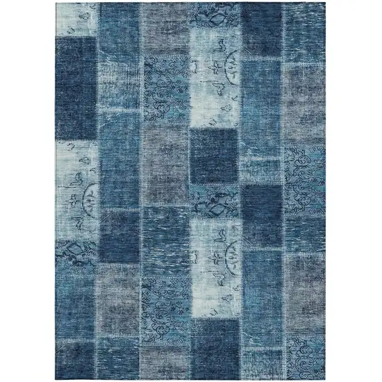 Navy Blue And Sky Blue Patchwork Washable Indoor Outdoor Area Rug Photo 6