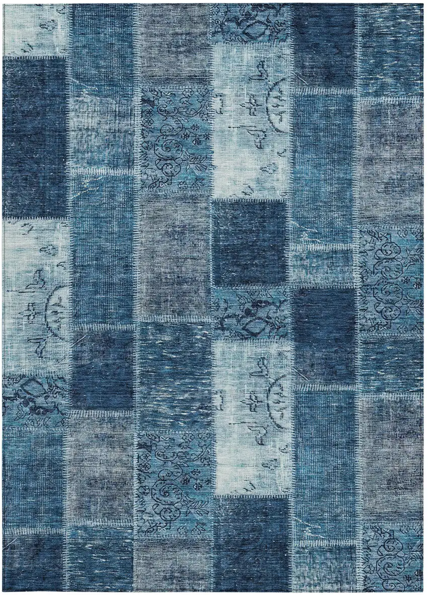 Navy Blue And Sky Blue Patchwork Washable Indoor Outdoor Area Rug Photo 6