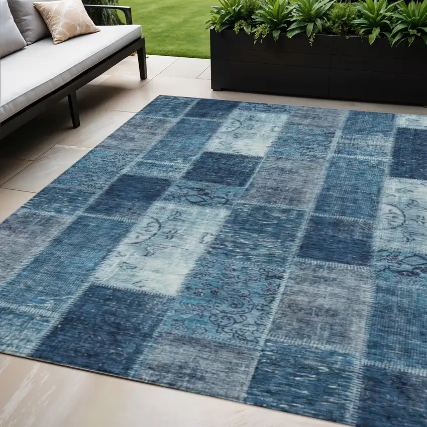 Navy Blue And Sky Blue Patchwork Washable Indoor Outdoor Area Rug Photo 1