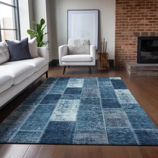 Navy Blue And Sky Blue Patchwork Washable Indoor Outdoor Area Rug Photo 7