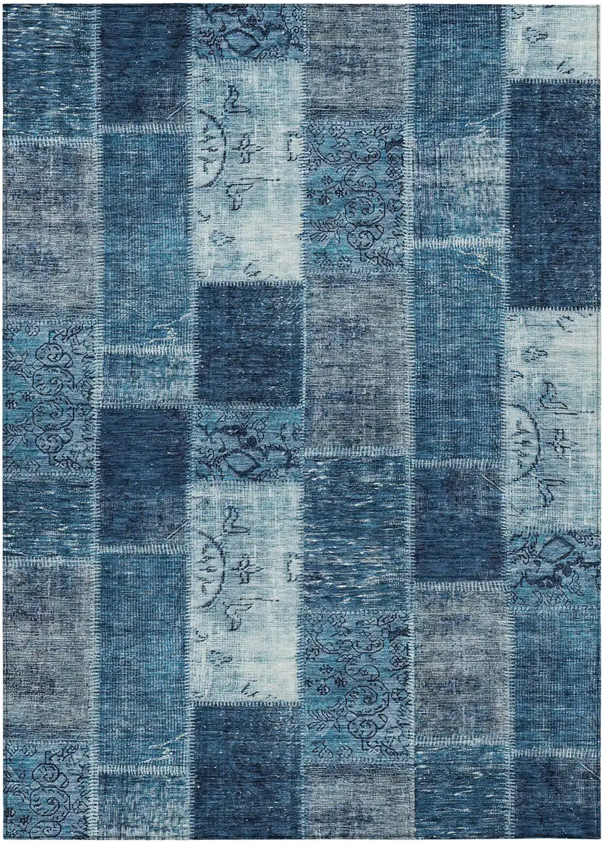 Navy Blue And Sky Blue Patchwork Washable Indoor Outdoor Area Rug Photo 1