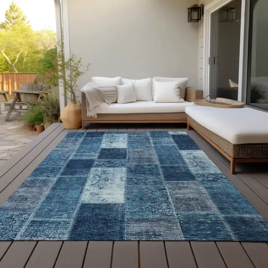 Navy Blue And Sky Blue Patchwork Washable Indoor Outdoor Area Rug Photo 6