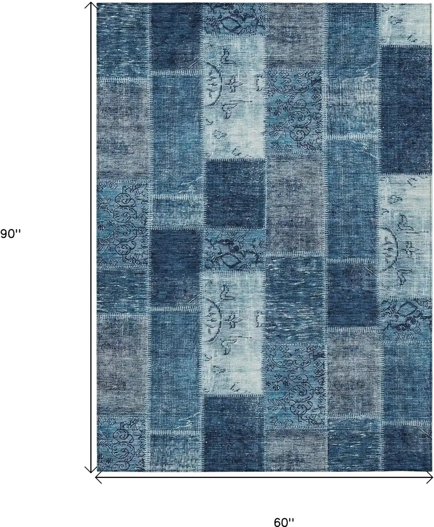 Navy Blue And Sky Blue Patchwork Washable Indoor Outdoor Area Rug Photo 3