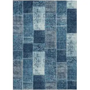 Photo of Navy Blue And Sky Blue Patchwork Washable Indoor Outdoor Area Rug