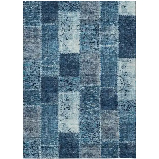Navy Blue And Sky Blue Patchwork Washable Indoor Outdoor Area Rug Photo 1