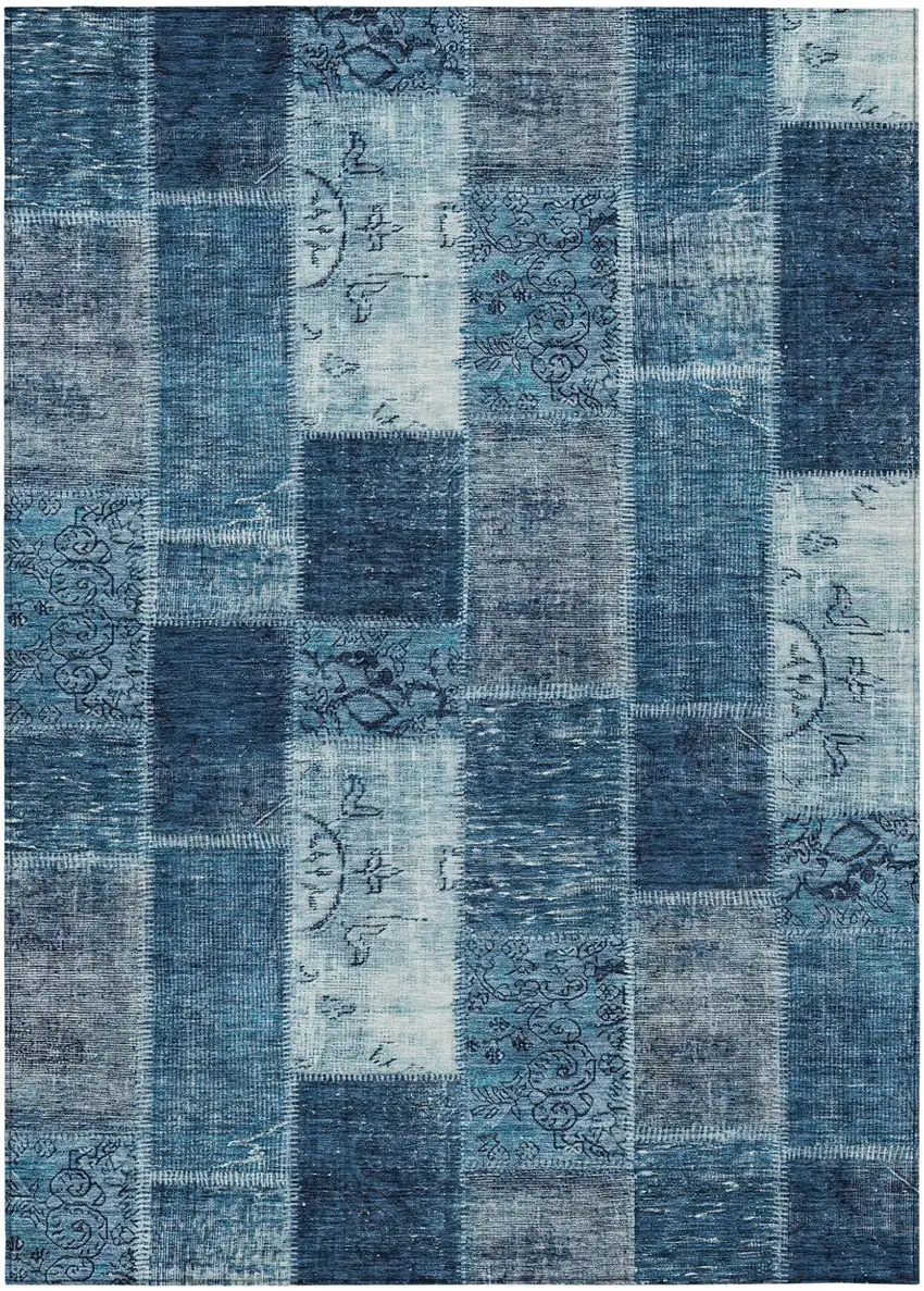 Navy Blue And Sky Blue Patchwork Washable Indoor Outdoor Area Rug Photo 1