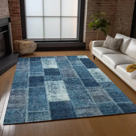 Navy Blue And Sky Blue Patchwork Washable Indoor Outdoor Area Rug Photo 8