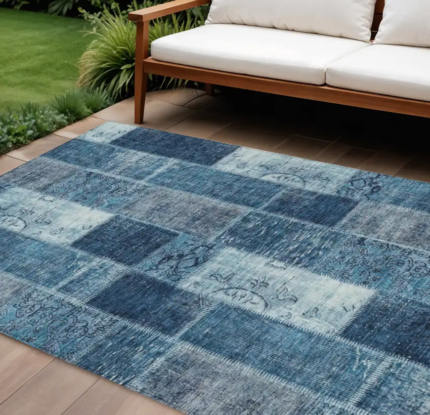 Navy Blue And Sky Blue Patchwork Washable Indoor Outdoor Area Rug Photo 1