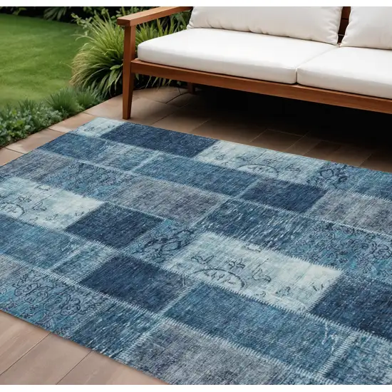 Navy Blue And Sky Blue Patchwork Washable Indoor Outdoor Area Rug Photo 1