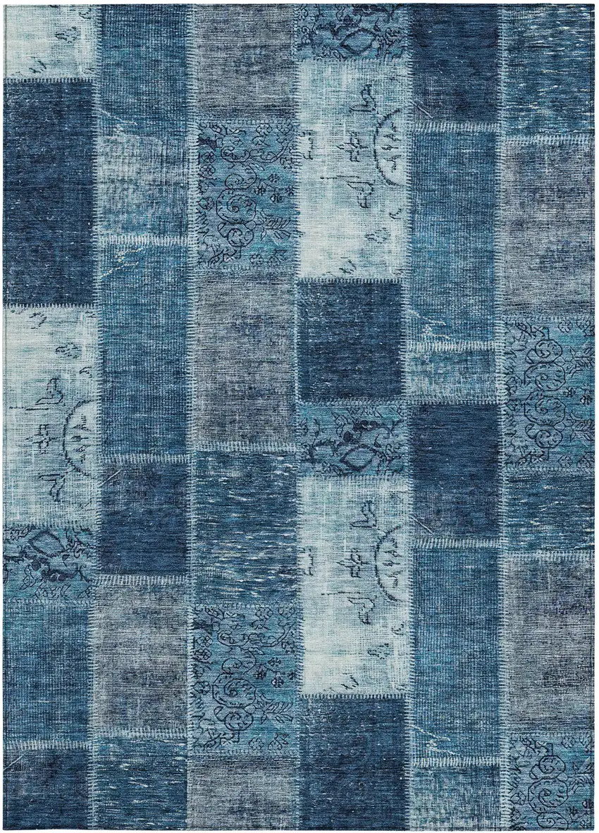 Navy Blue And Sky Blue Patchwork Washable Indoor Outdoor Area Rug Photo 4