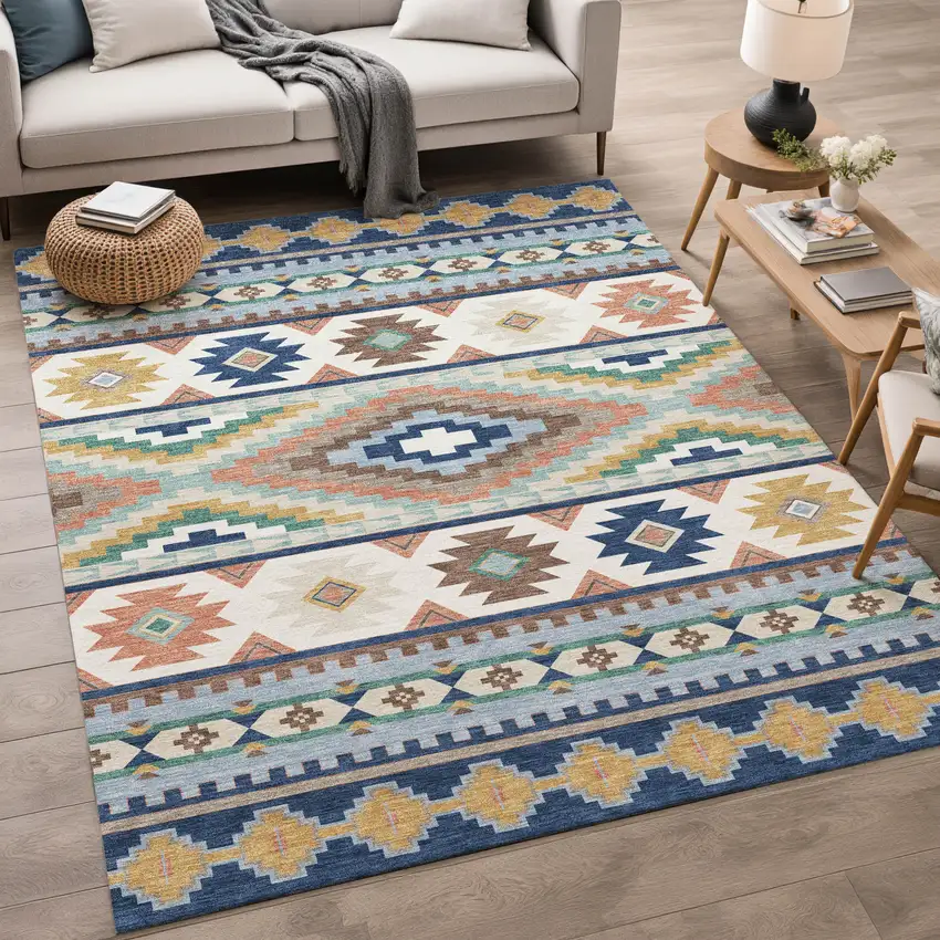 Navy Blue And Sky Blue Southwestern Washable Indoor Outdoor Area Rug Photo 5