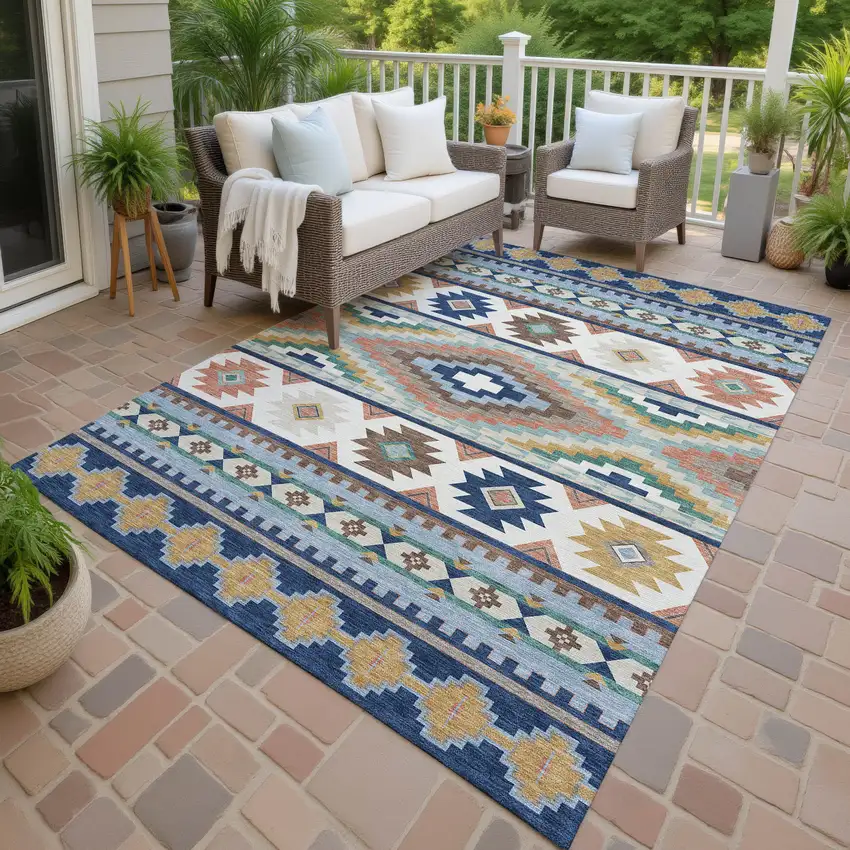 Navy Blue And Sky Blue Southwestern Washable Indoor Outdoor Area Rug Photo 4