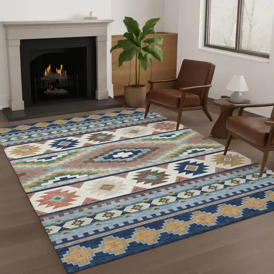 Navy Blue And Sky Blue Southwestern Washable Indoor Outdoor Area Rug Photo 6