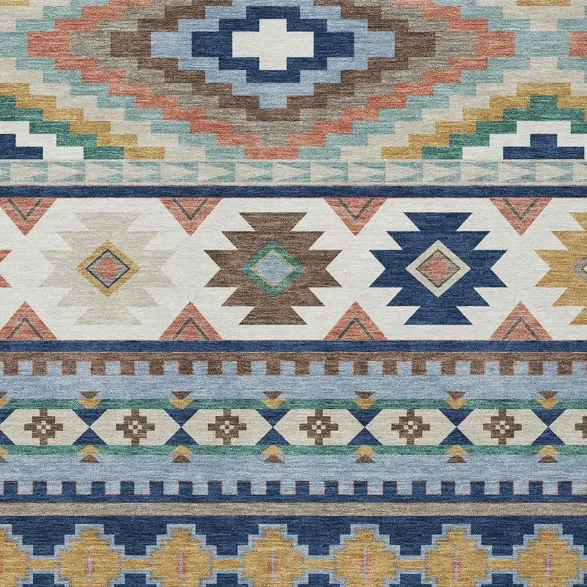 Navy Blue And Sky Blue Southwestern Washable Indoor Outdoor Area Rug Photo 2