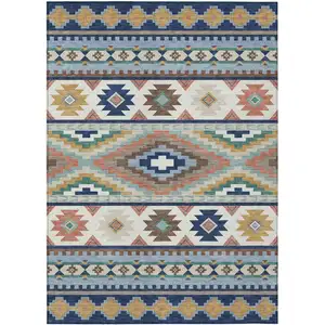 Photo of Navy Blue And Sky Blue Southwestern Washable Indoor Outdoor Area Rug