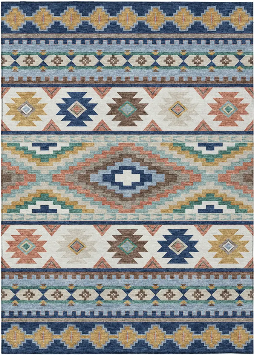 Navy Blue And Sky Blue Southwestern Washable Indoor Outdoor Area Rug Photo 1