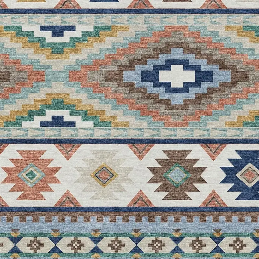 Navy Blue And Sky Blue Southwestern Washable Indoor Outdoor Area Rug Photo 2