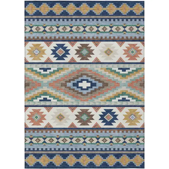 Navy Blue And Sky Blue Southwestern Washable Indoor Outdoor Area Rug Photo 1