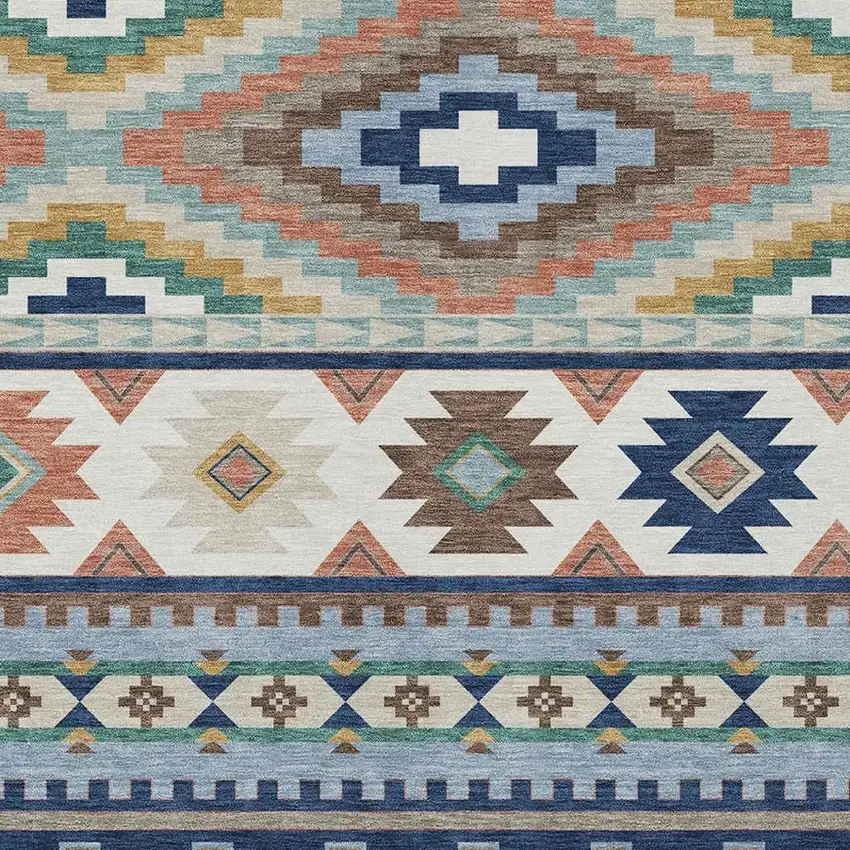Navy Blue And Sky Blue Southwestern Washable Indoor Outdoor Area Rug Photo 2