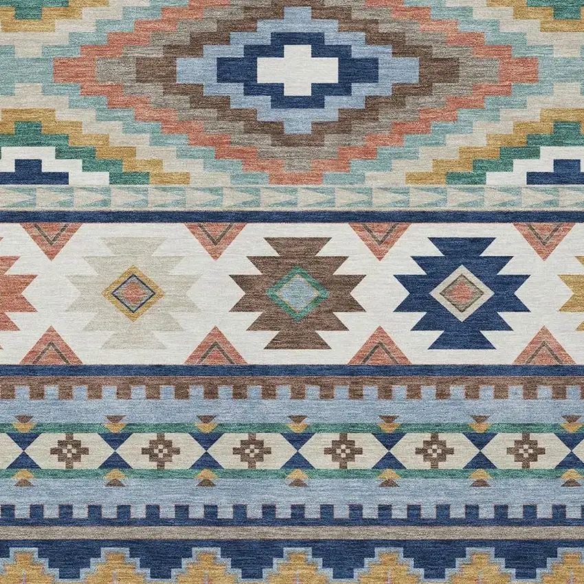 Navy Blue And Sky Blue Southwestern Washable Indoor Outdoor Area Rug Photo 2