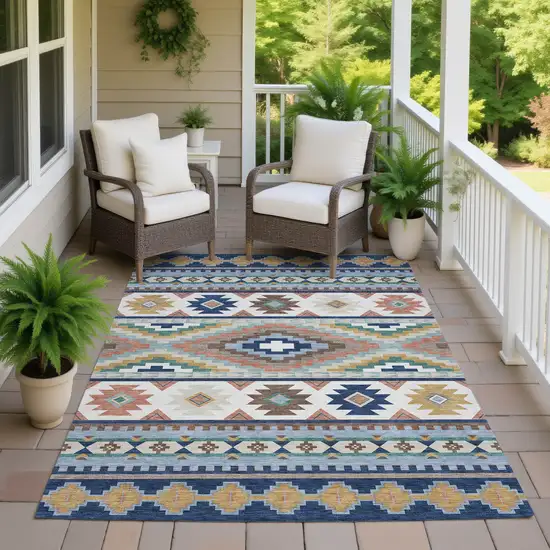Navy Blue And Sky Blue Southwestern Washable Indoor Outdoor Area Rug Photo 7