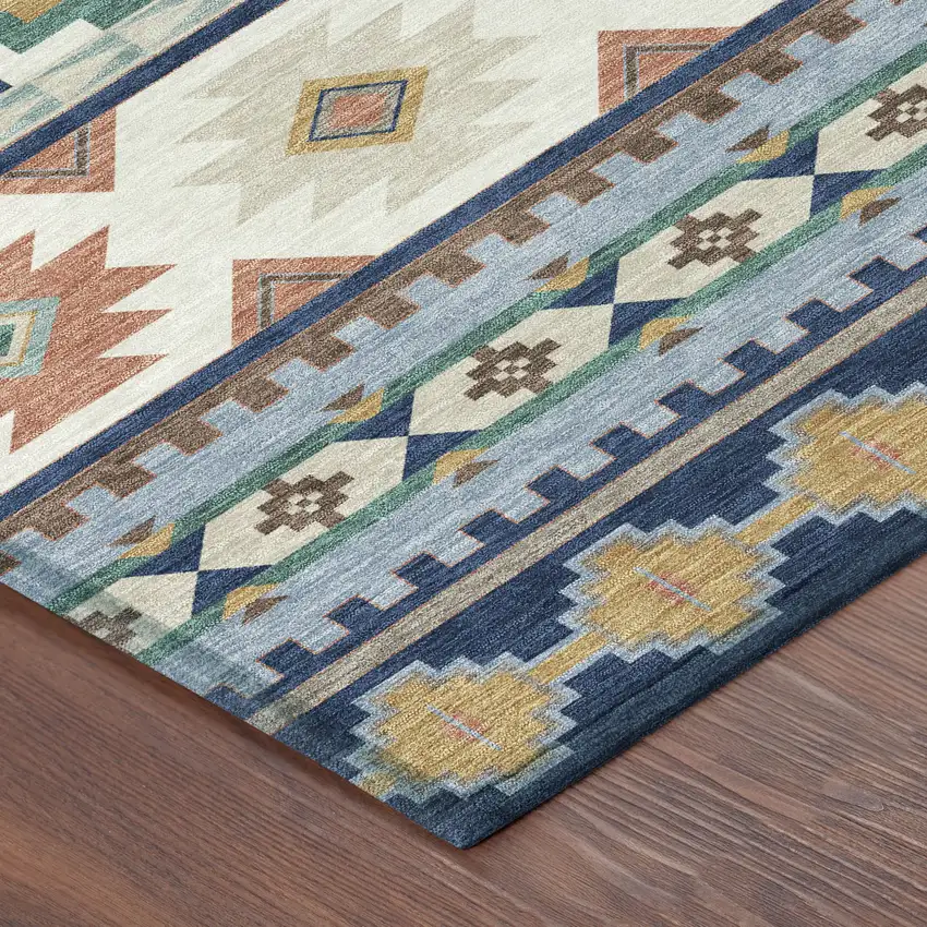Navy Blue And Sky Blue Southwestern Washable Indoor Outdoor Area Rug Photo 8