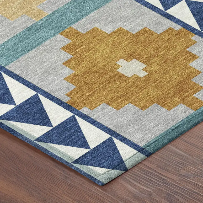 Navy Blue And Sky Blue Southwestern Washable Indoor Outdoor Area Rug Photo 5